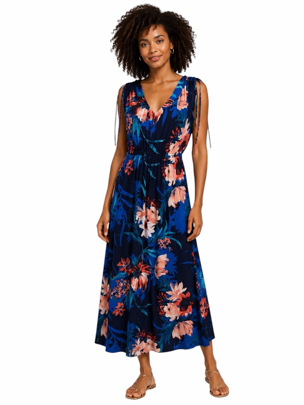 Iman Women’s Medium Tropical Floral Maxi Dress Blue Coral Sleeveless Stretch